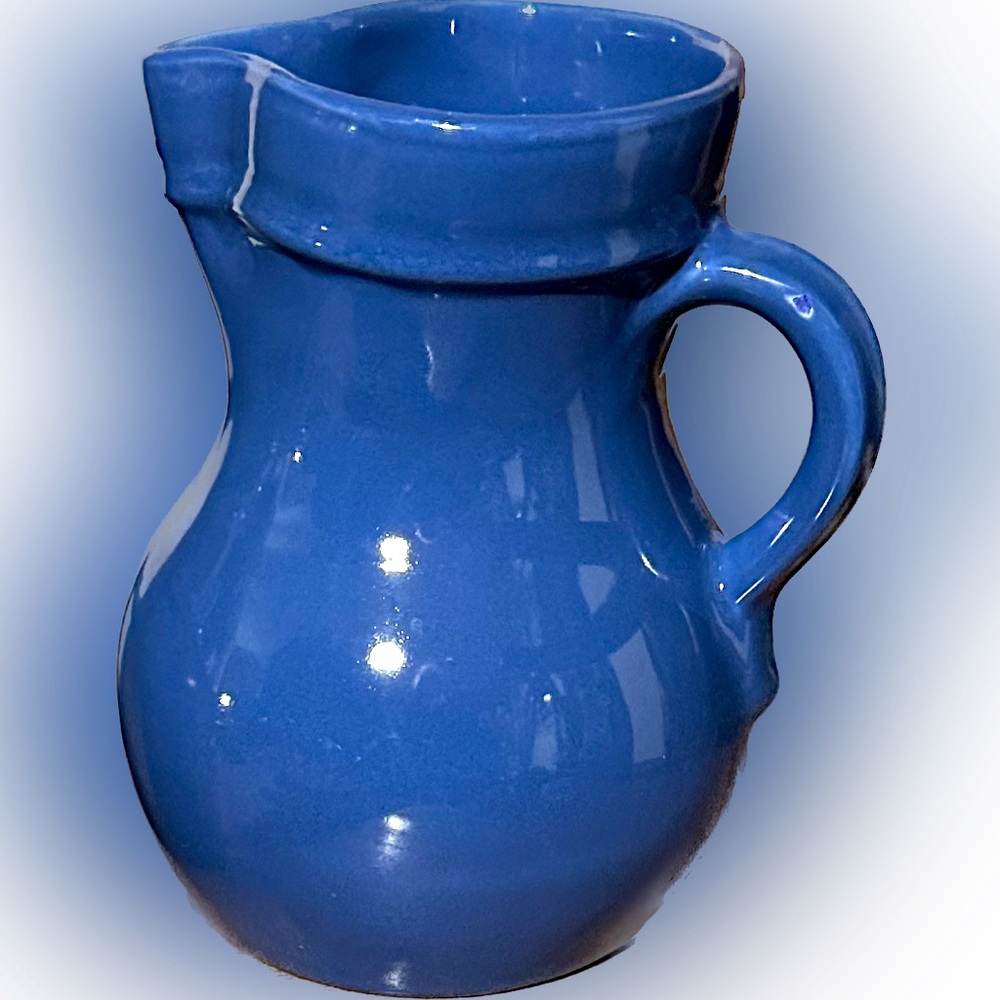 COBALT BLUE CERAMIC PITCHER 8”tall x5”x5” Unique pouring spout FARMHOUSE POTTERY